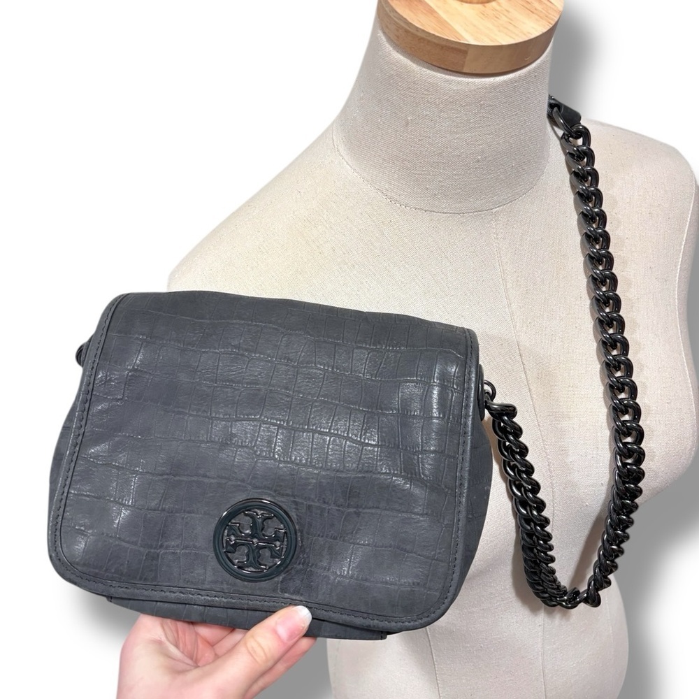 Tory Burch Gunmetal Grey/Black Croc-Embossed Leather Chain Strap Shoulder Bag